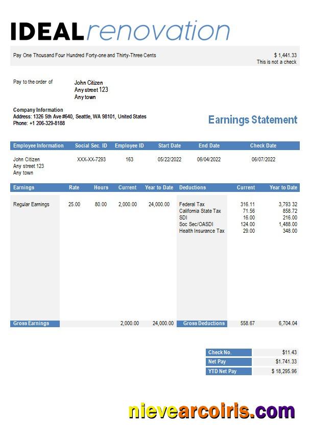 home renovation company paystub